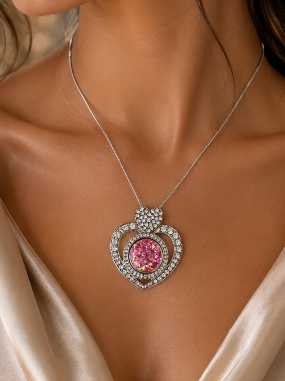 Silver Rhinestone Heart Snap Necklace Pink Iridescent Crystal Pendant